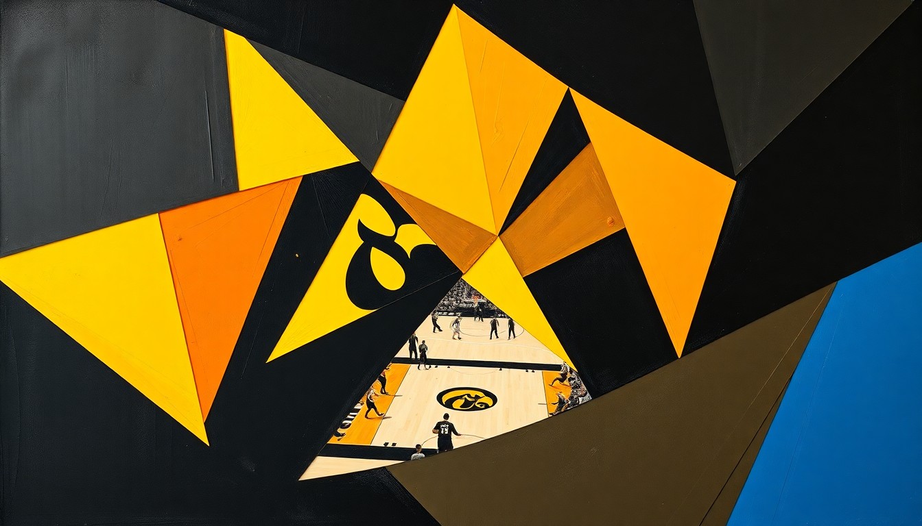 A fragmented, cubist-style painting depicting a college basketball game, with the action broken down into sharp, overlapping geometric shapes in Iowa's black and gold colors alongside the rival team's orange and blue.