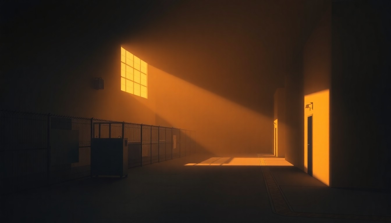 A dimly lit, cinematic painting of a nondescript immigration detention facility, its facade cast in warm, golden light and deep shadows, evoking a sense of melancholy and isolation.