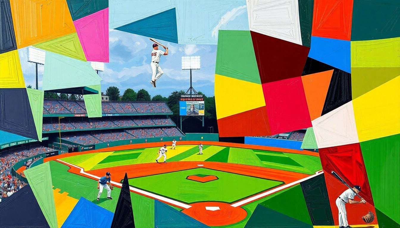 A cubist, geometric painting depicting a high school baseball game, with sharp, overlapping planes of color representing the players and action on the field.