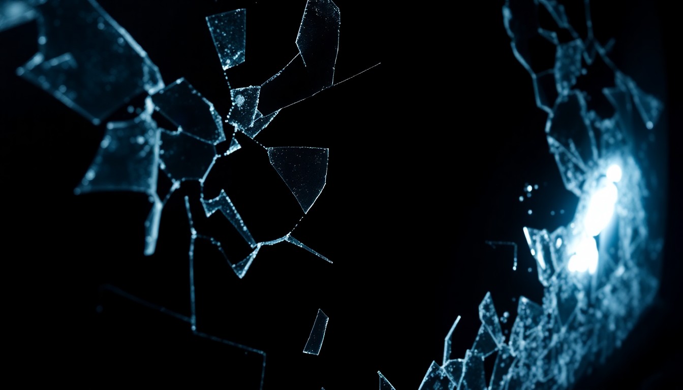 An extreme close-up photograph of shattered glass from a car window, the harsh lighting and dark background creating a stark, gritty aesthetic that conceptually represents the investigative nature of property crimes and their ripple effects.