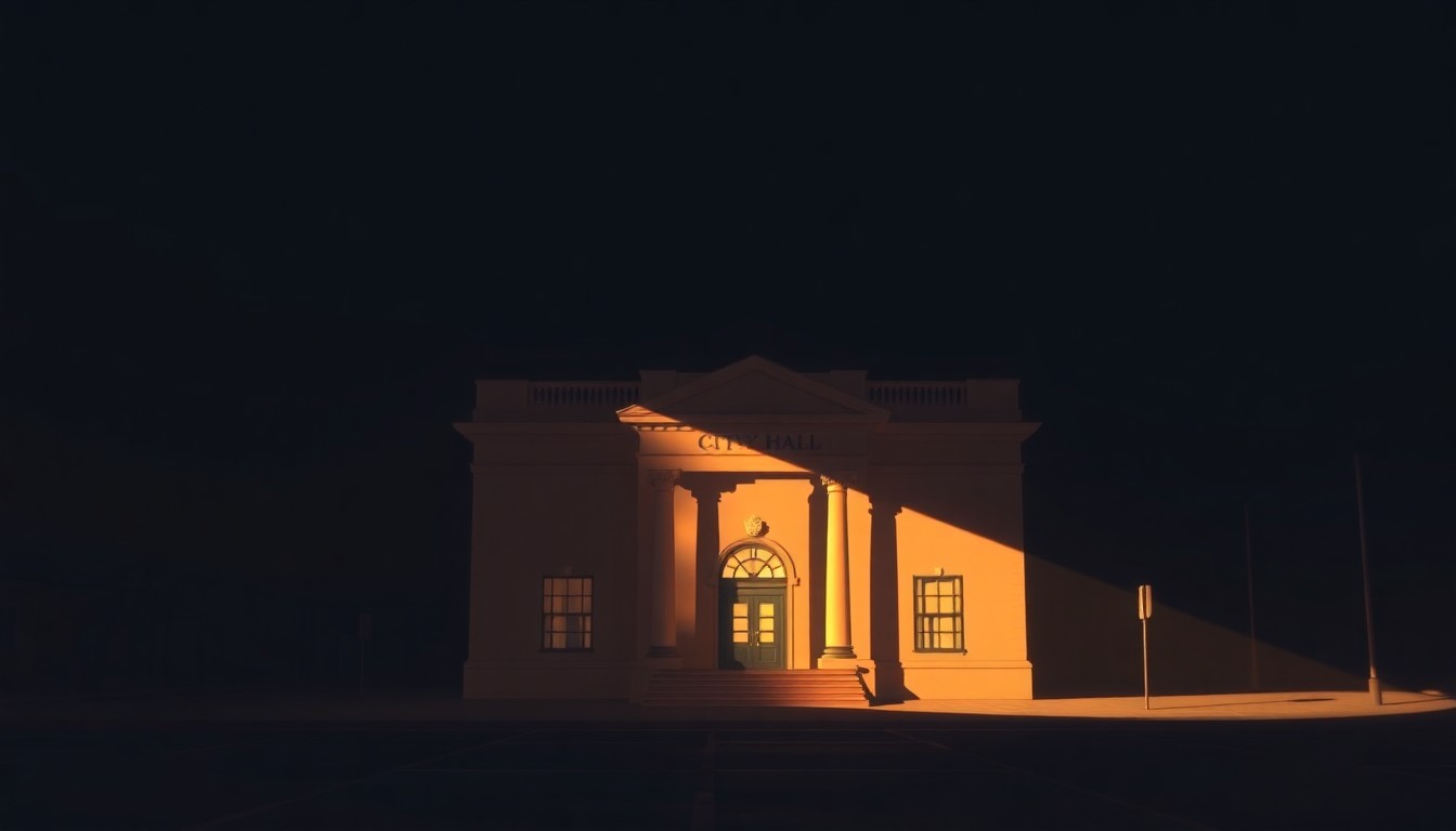 A serene, nostalgic painting of a stately city hall building in warm, golden light, capturing the quiet transition of political power.