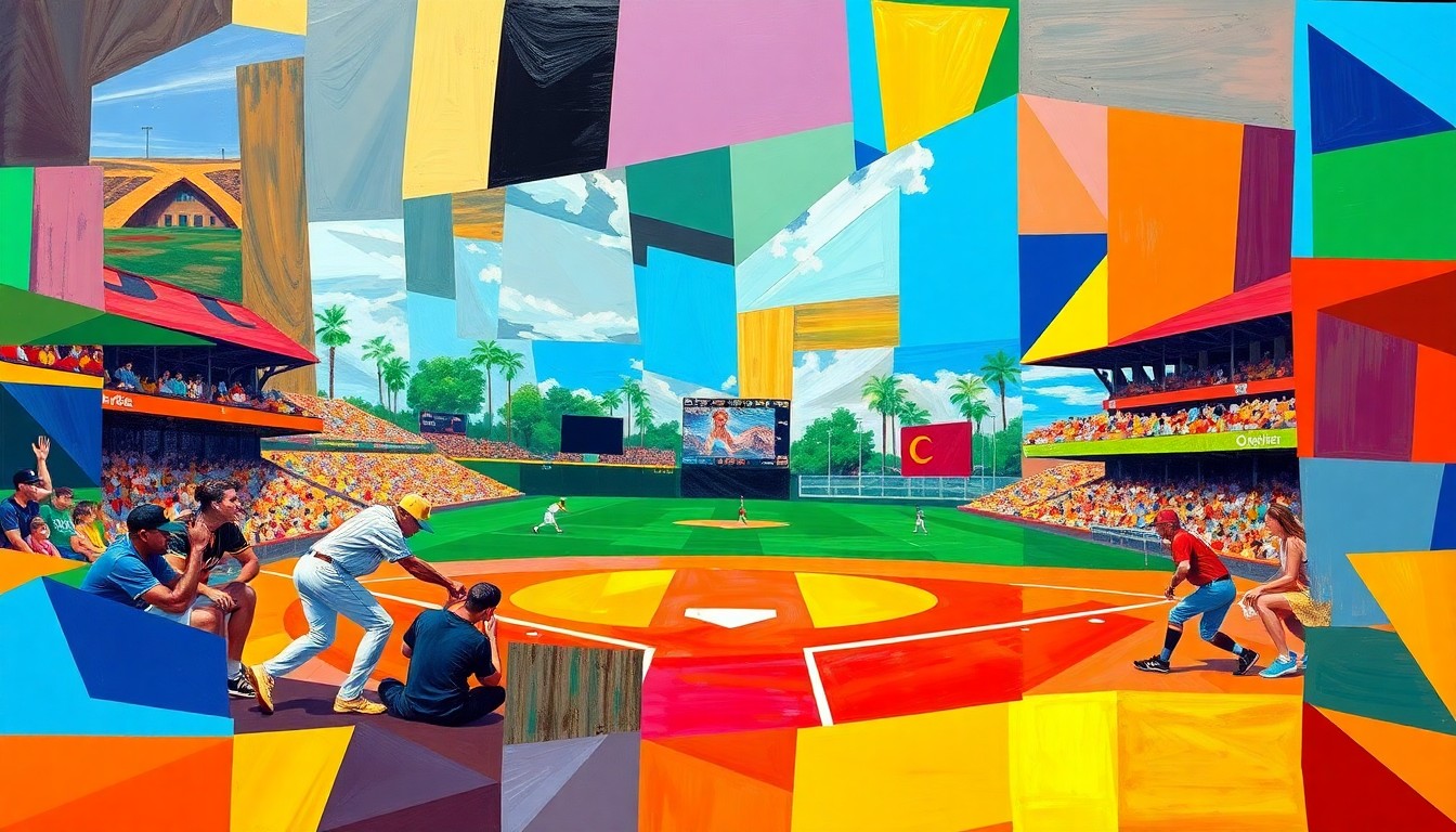 A vibrant, fragmented painting depicting a high school baseball game, with players and the field broken down into overlapping geometric shapes and planes of color.