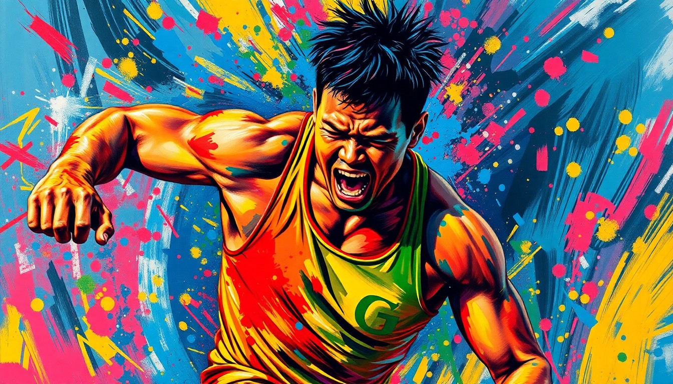 An extreme close-up of a wrestler's body in motion, with vibrant neon colors and expressive brushstrokes capturing the raw power and energy of the sport.