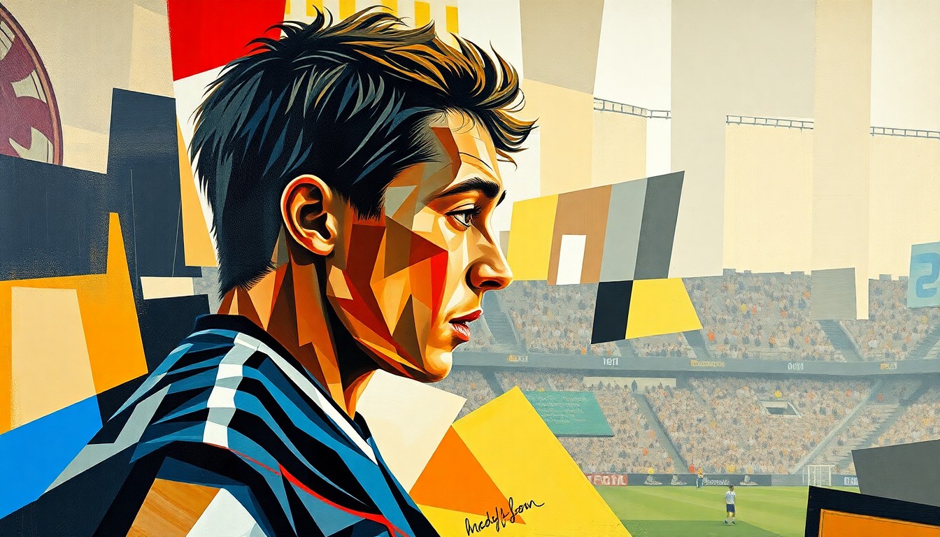 A fractured, geometric painting depicting the complex journey of a young soccer player, with sharp planes and angles representing the ups and downs of their career.