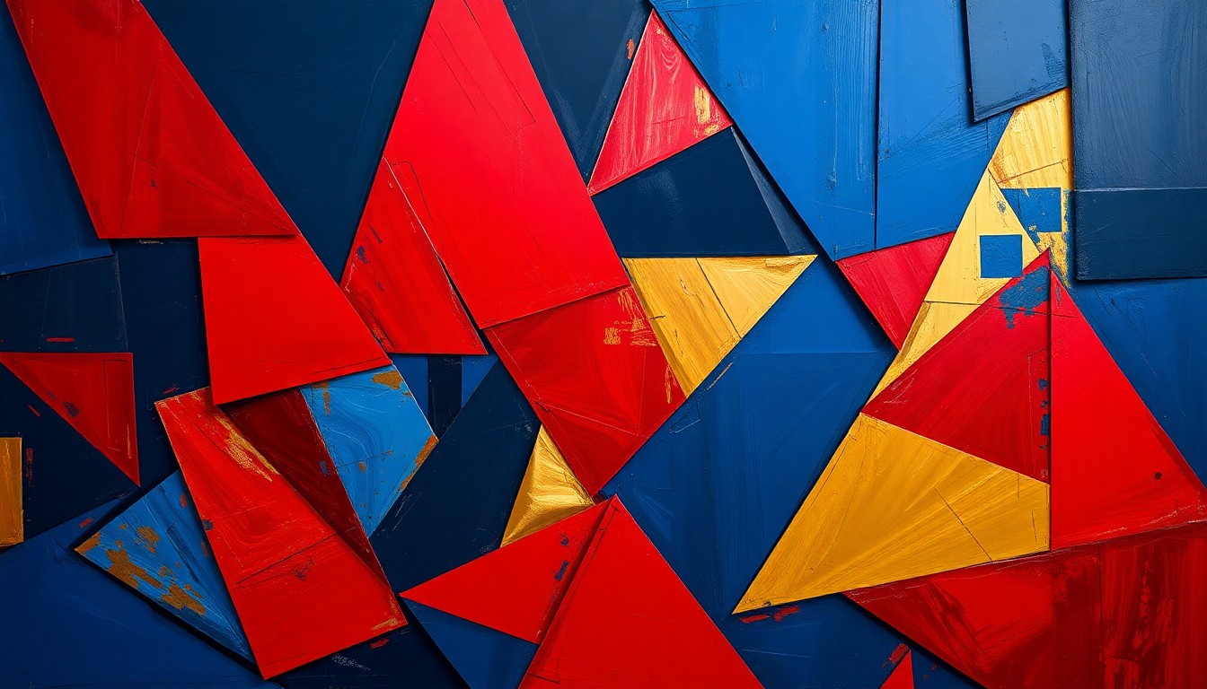 A cubist, geometric painting depicting a fragmented basketball game, with overlapping planes of navy, crimson, and gold conveying the disruption and uncertainty caused by the Harden trade.