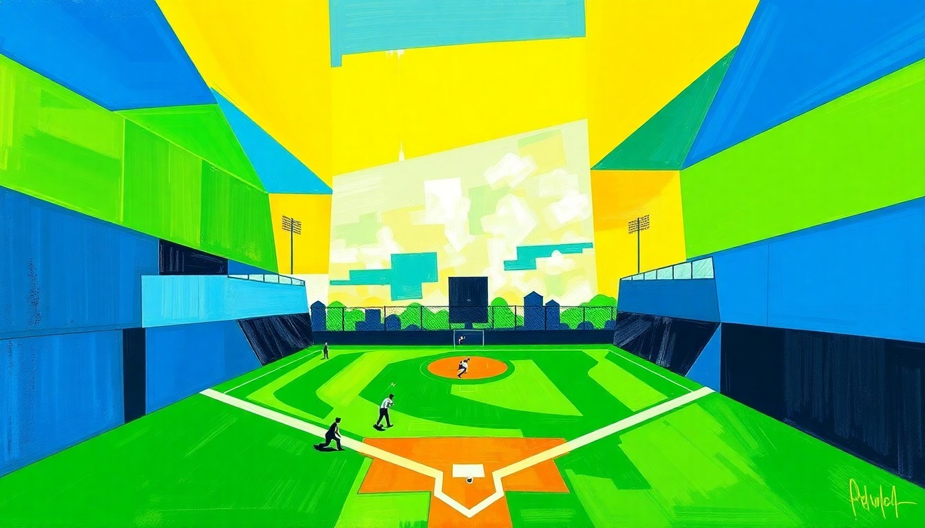 A fragmented, geometric painting in shades of green, blue, and yellow, depicting the motion and intensity of a high school softball game through an abstract, cubist lens.