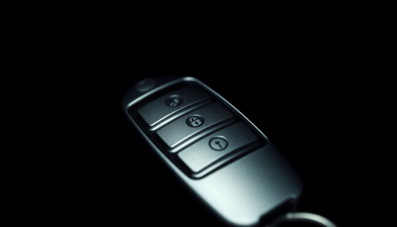 An extreme close-up photograph of a car key fob, its metallic surface and buttons the sole focus, conveying a stark, gritty, and investigative aesthetic.