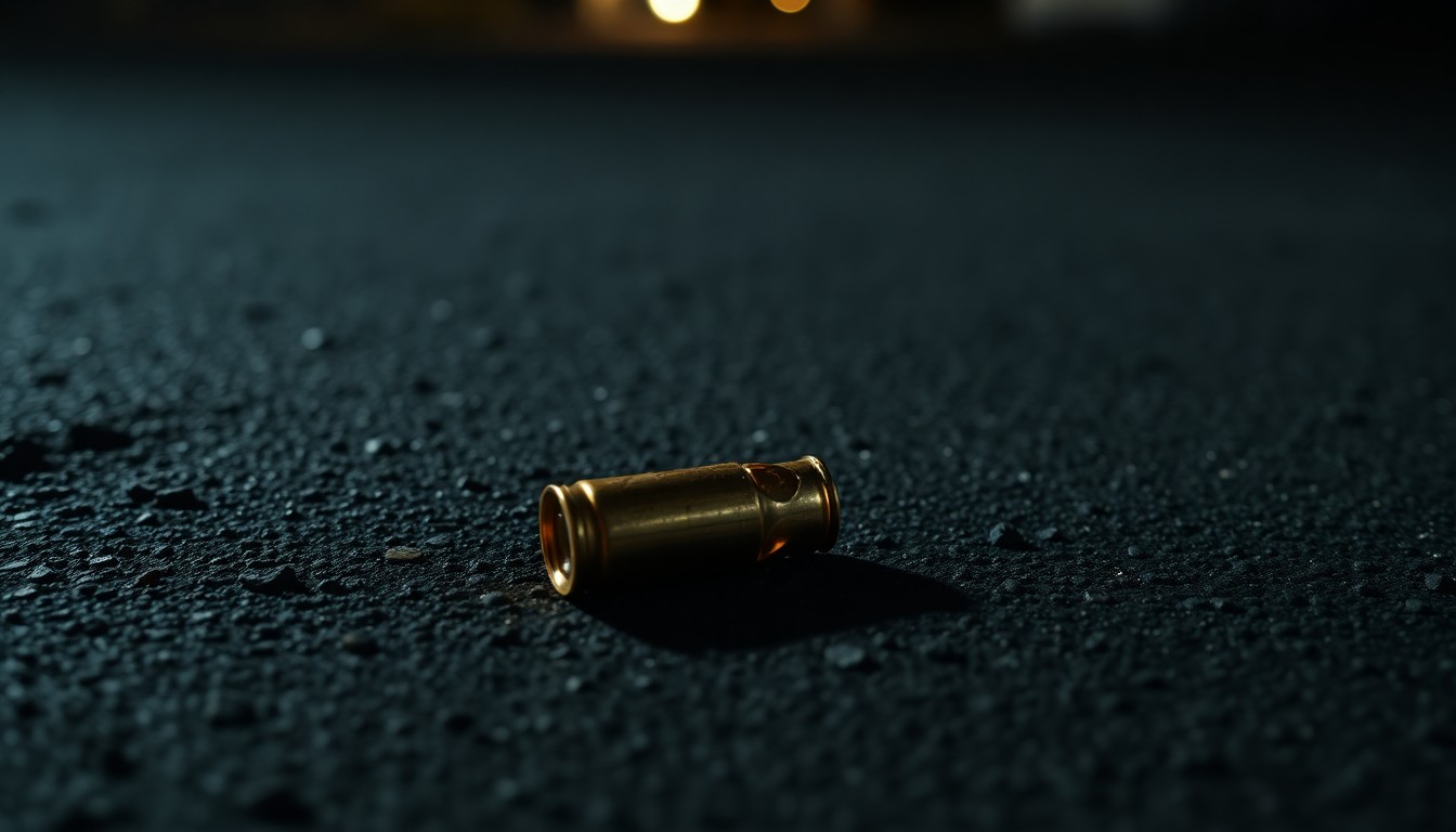 An extreme close-up photograph of a single spent shell casing on a dark pavement, conveying the gritty, investigative nature of the crime scene through dramatic lighting and stark composition.