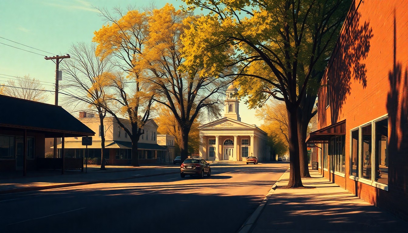 A serene, painterly scene of a small-town street with a municipal building in the background, capturing the quiet civic energy of a community considering an important infrastructure investment.