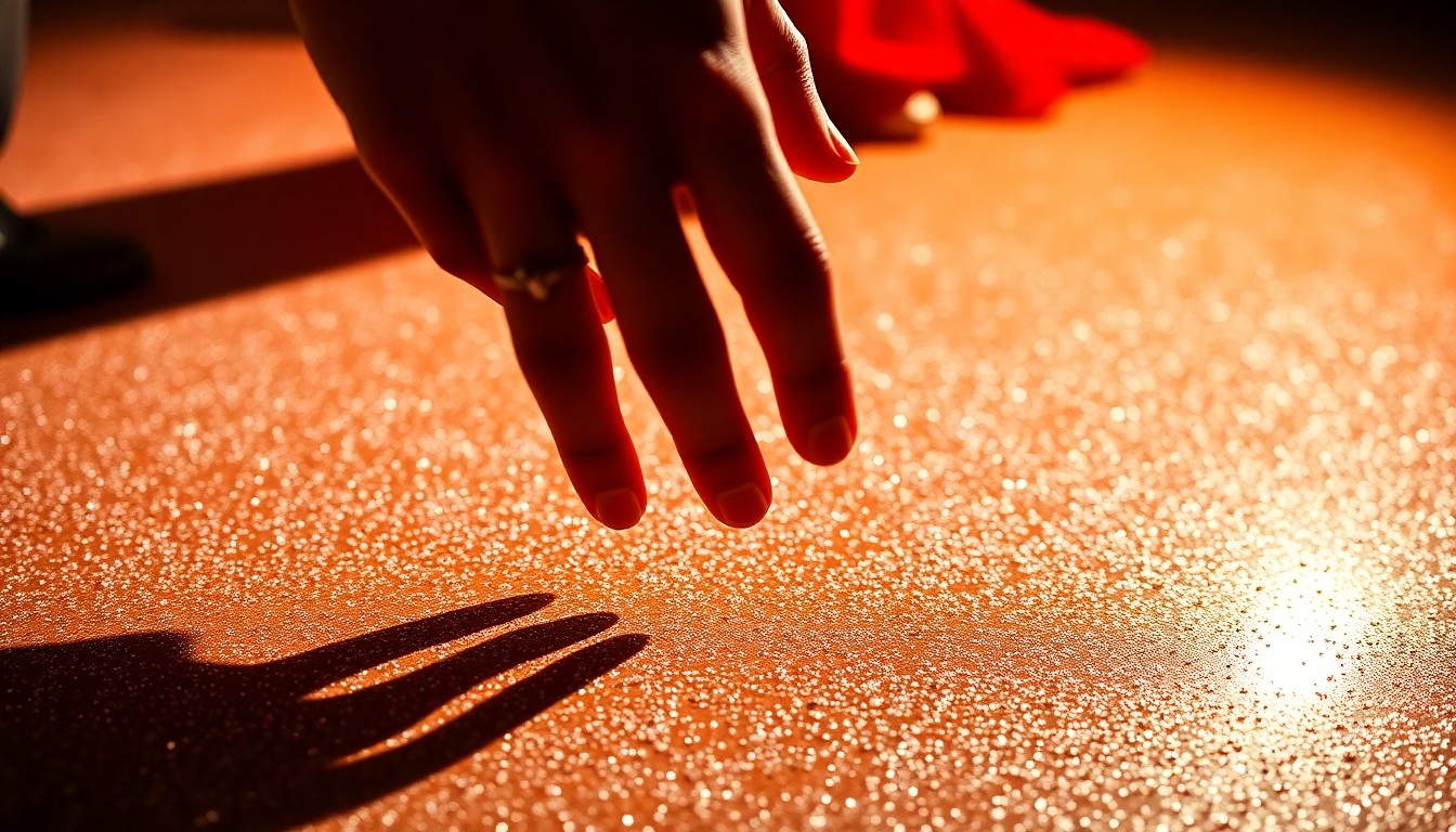 An abstract close-up image of a dancer's hand moving across a textured, glittering surface, capturing the energy and passion of bachata music.