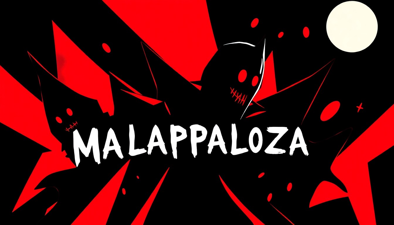 A striking, abstract composition of geometric black shapes and bold red accents, conveying the lively, Halloween-inspired atmosphere of the Mallapalooza festival.