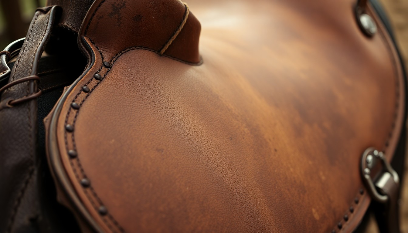 An extreme close-up photograph of a weathered, rugged leather saddle in rich, earthy tones, capturing the gritty, Western aesthetic of Taylor Sheridan's television work.