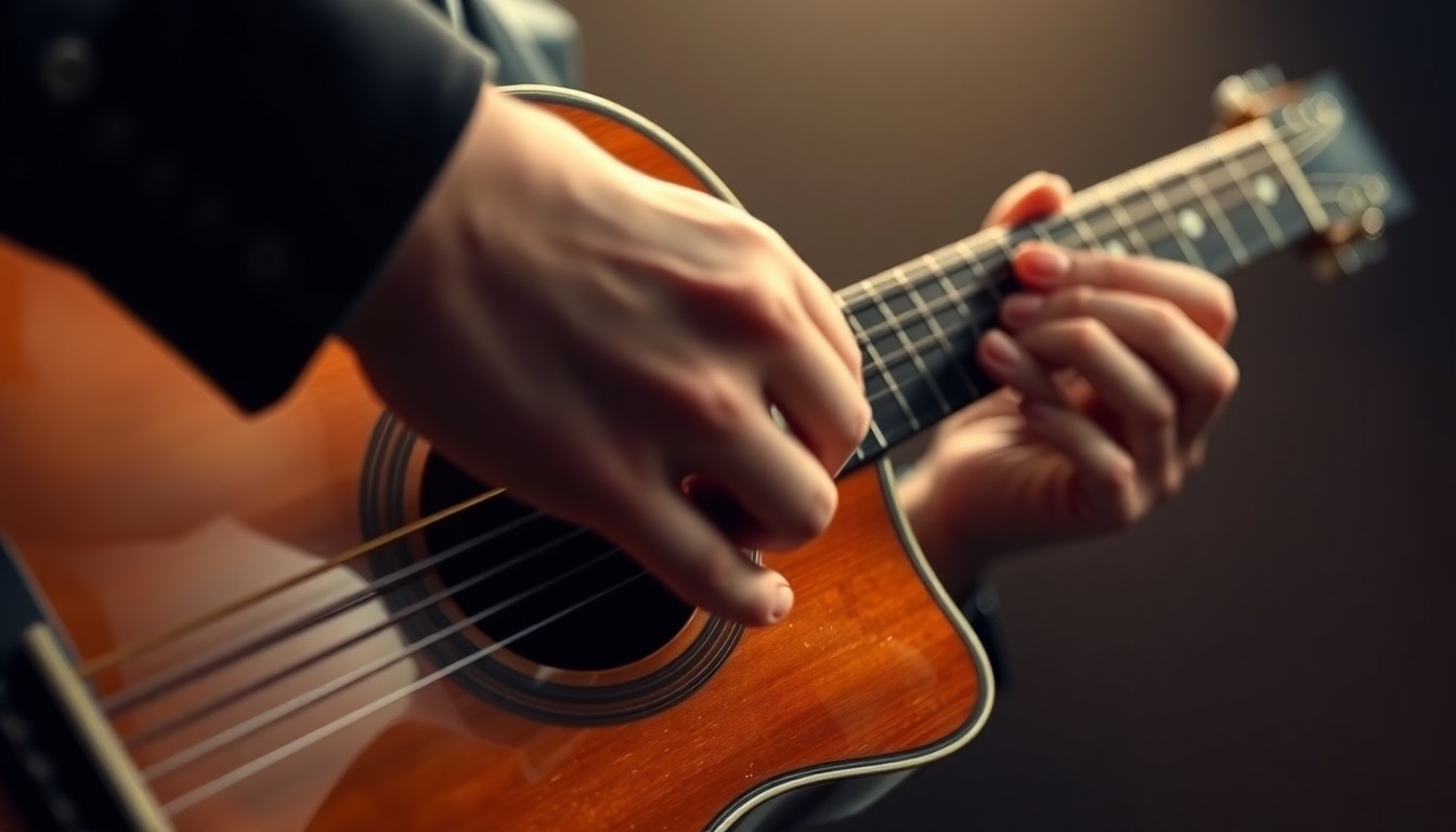 An extreme close-up photograph of an acoustic guitar's strings and fretboard, captured in dramatic high-contrast studio lighting to create a luxurious, high-fashion aesthetic.