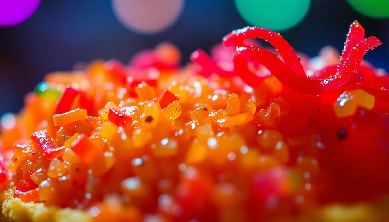 An extreme close-up photograph of a vibrant, textured food item, such as a colorful cocktail garnish or a gourmet burger topping, captured in dramatic high-contrast studio lighting to create a glitzy, high-fashion aesthetic.