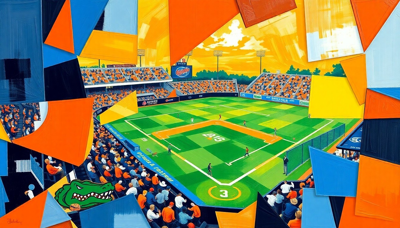 A fractured, geometric painting in shades of orange and blue, capturing the dynamic action of a Florida Gators softball game through Picasso-esque abstraction.