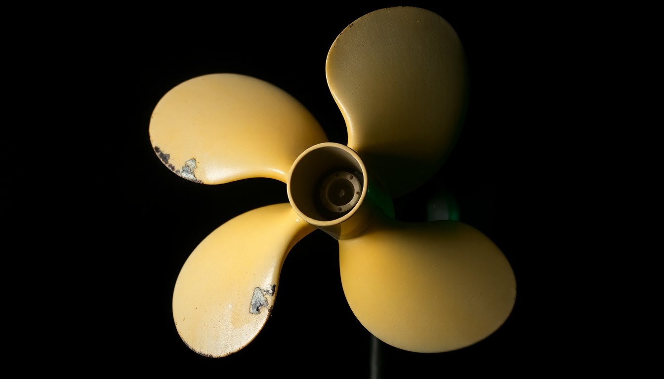 An extreme close-up photograph of a damaged boat propeller against a pitch-black background, lit by a harsh, direct camera flash, conceptually representing the tragic boating incidents in Biscayne Bay.