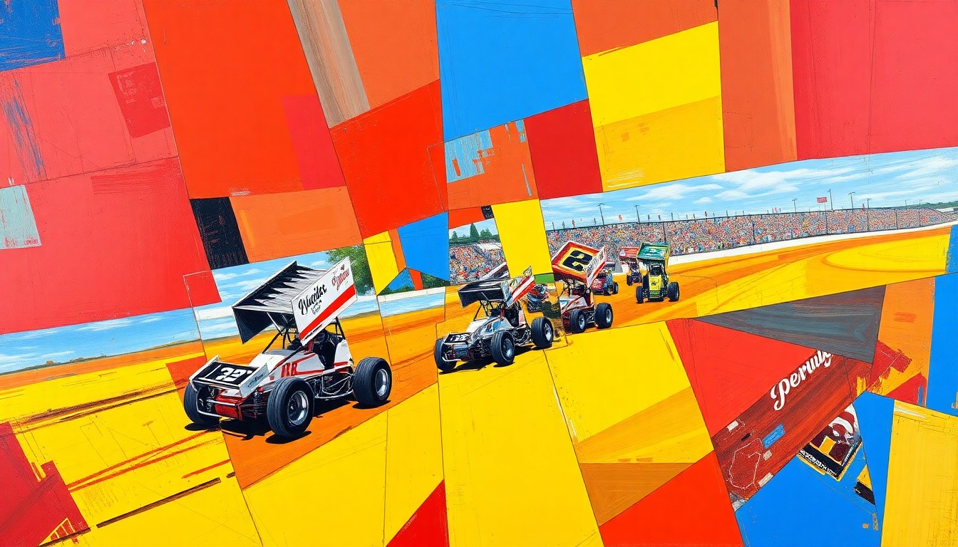 A cubist, geometric painting depicting the chaotic motion and competition of a Winged 360 Sprint Car race, with overlapping planes of color and form representing the dynamic action on the track.