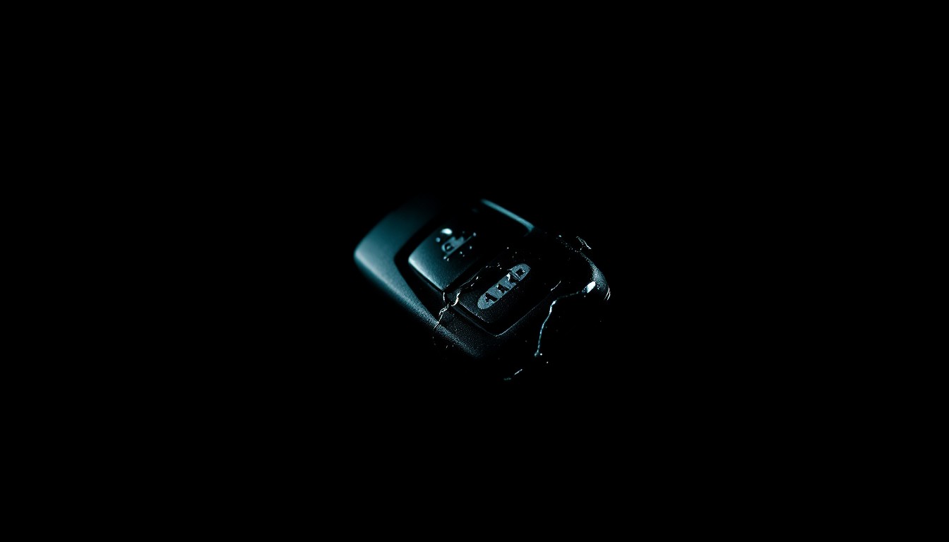 An extreme close-up of a scratched and dented car key fob against a pitch-black background, conceptually representing the aftermath of a violent carjacking.