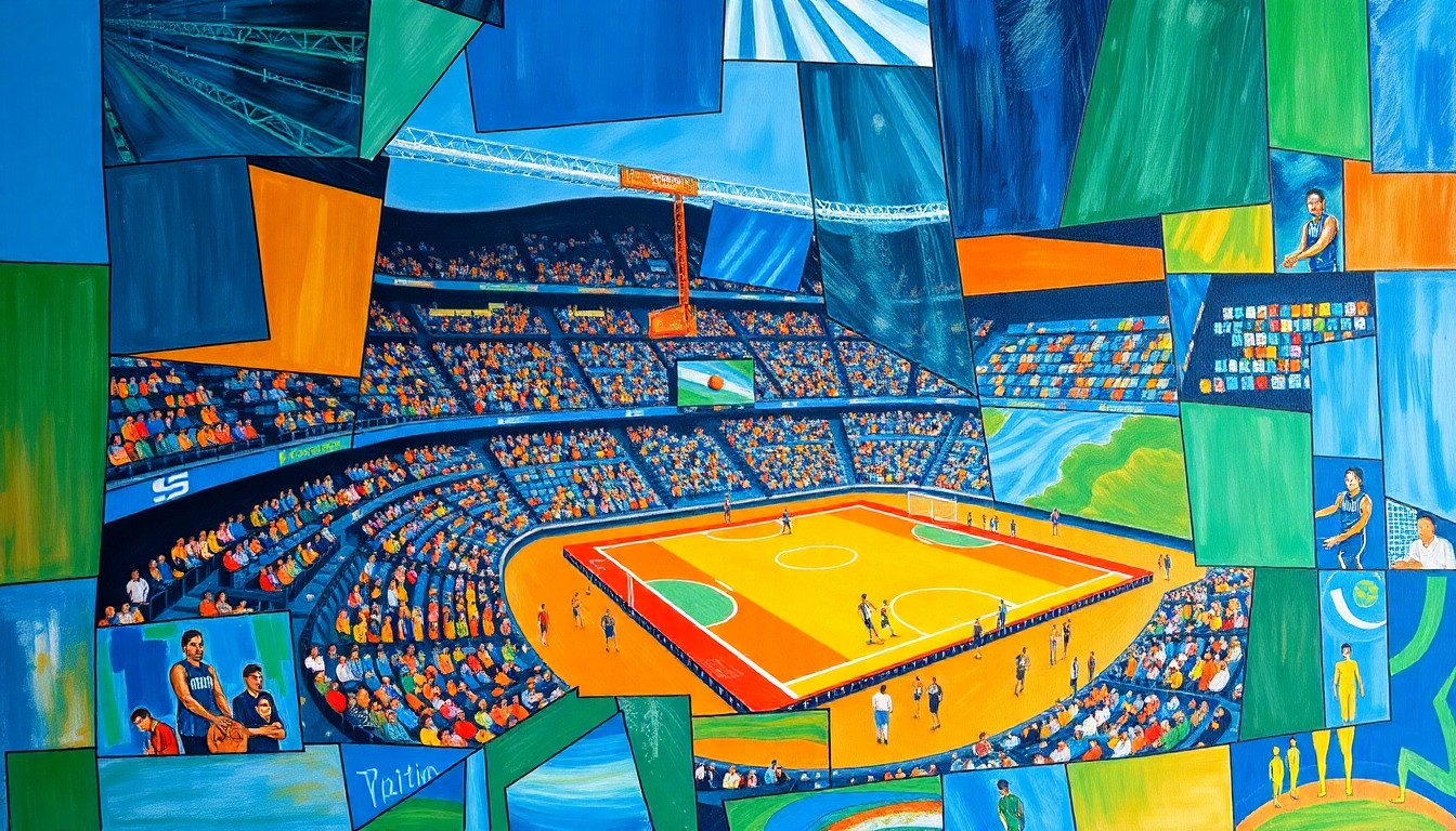 A cubist-style painting depicting a fragmented, geometric interpretation of a sports arena, with athletes, spectators, and other elements broken down into sharp, overlapping planes of color.