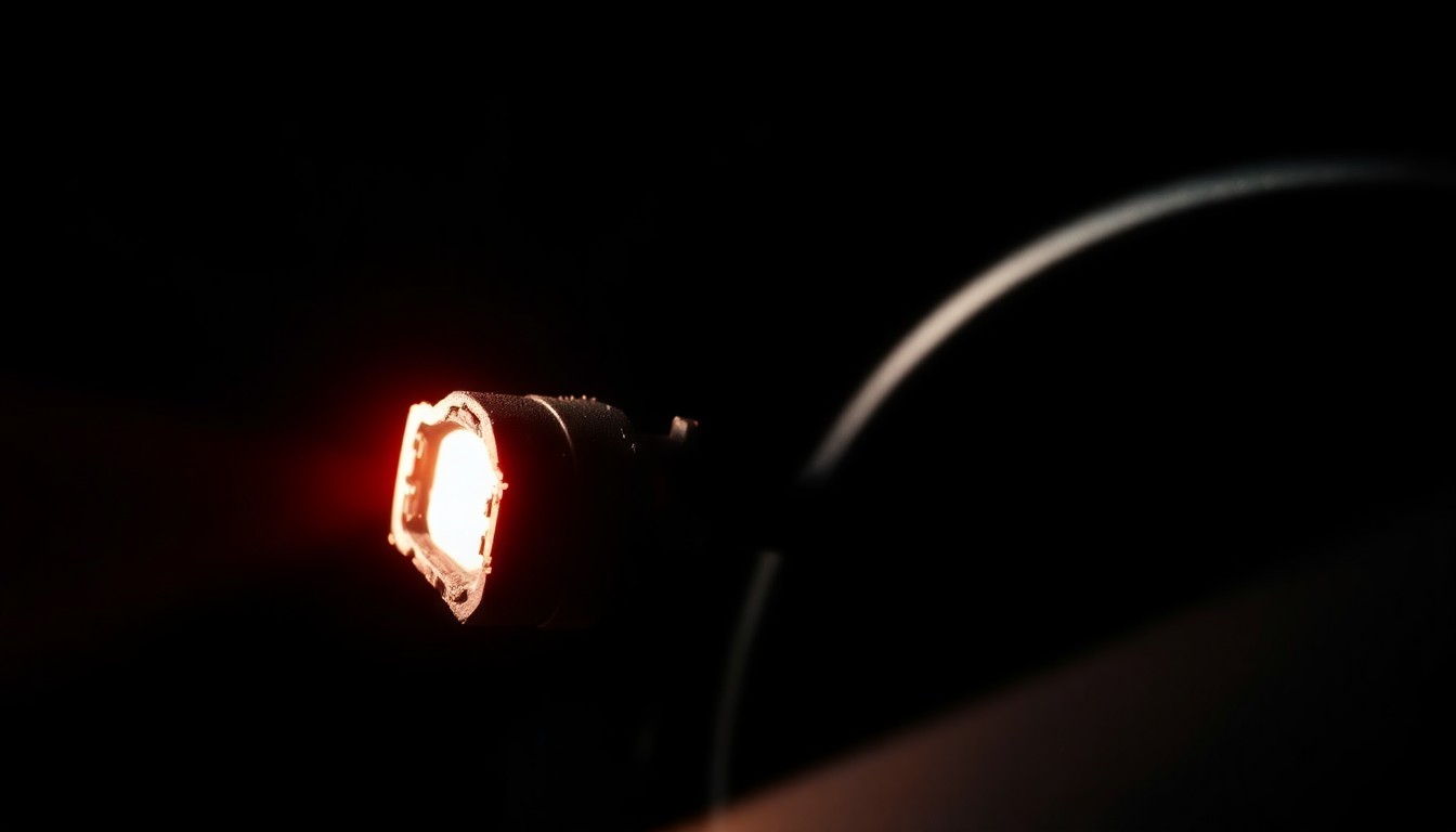 An extreme close-up photograph of a damaged car sensor or dashboard component, lit by a harsh, direct camera flash against a pitch-black background, conceptually representing the violent collision that occurred during the traffic stop.