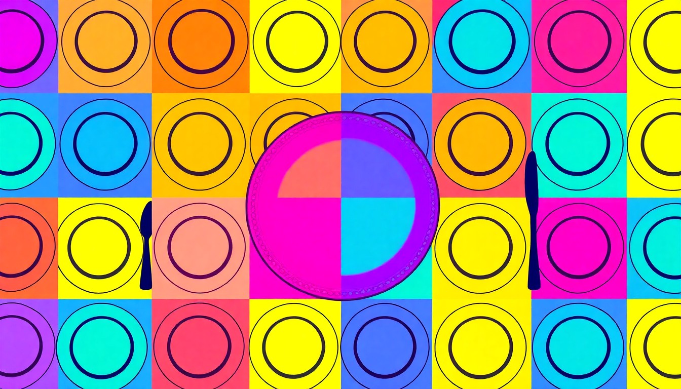 A brightly colored, high-contrast silkscreen print of a Seder plate, the iconic centerpiece of the Passover ritual, repeated in a tight grid pattern in a style reminiscent of Andy Warhol's pop art. The image utilizes flat, vibrant, and unnatural neon color palettes overlapping with heavy black photographic outlines, turning this everyday Passover object into a modern pop art statement.