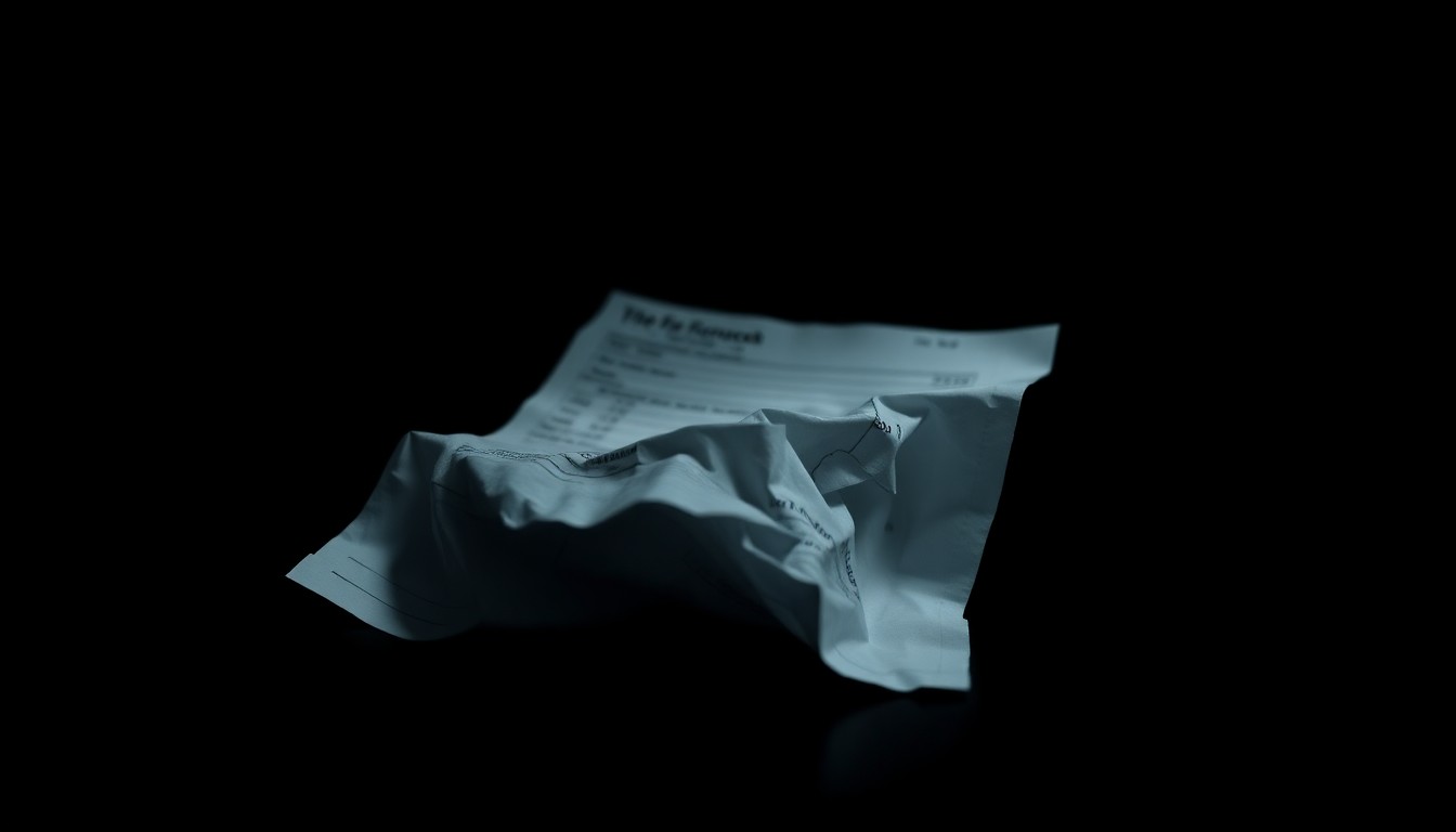 An extreme close-up of a crumpled financial document or business receipt, lit by a harsh flash against a dark background, conveying a sense of investigation and financial wrongdoing.
