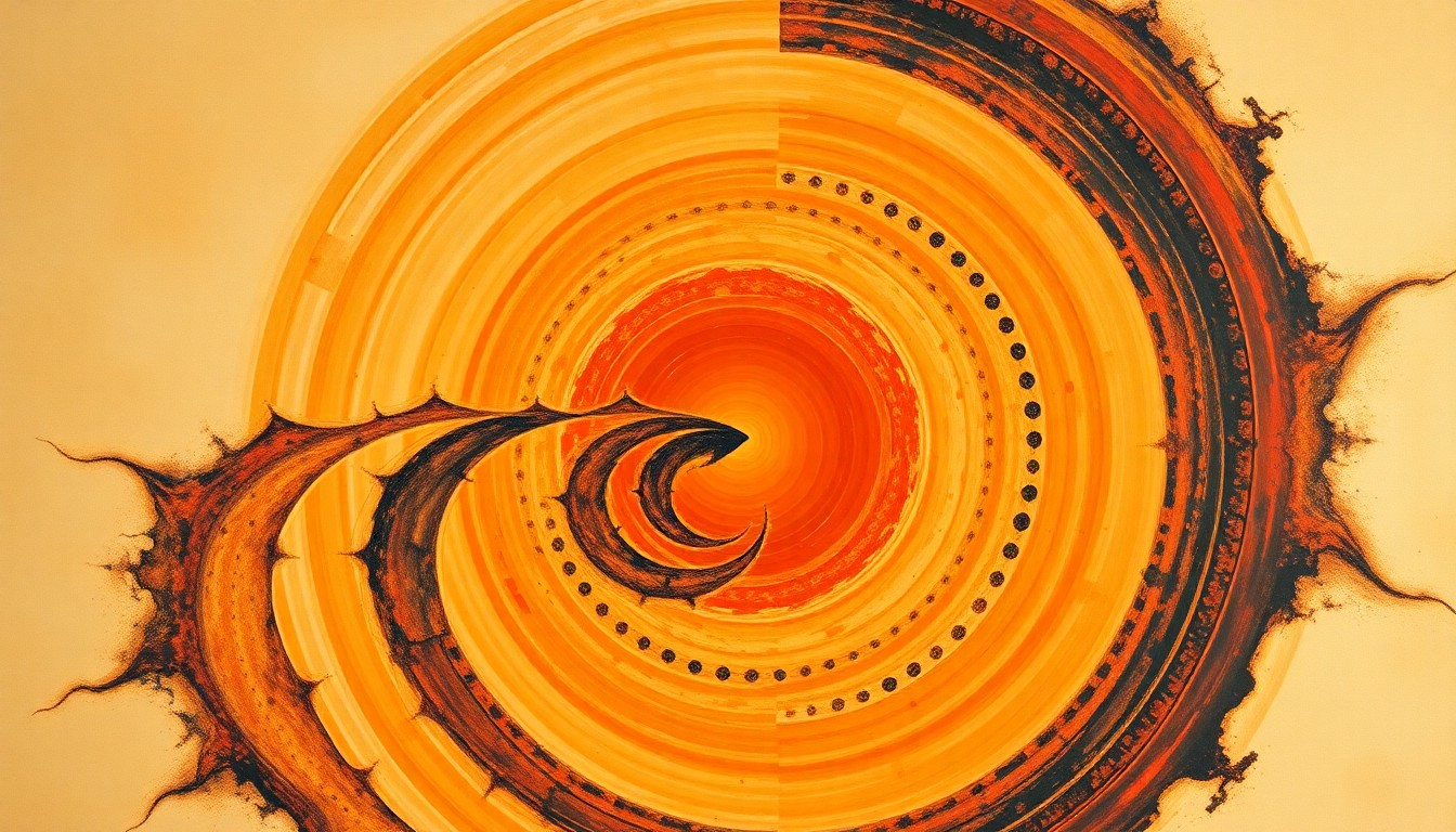 A bold, abstract painting in earthy tones of orange, red, and deep blue, featuring sweeping geometric arcs, concentric circles, and precise spirals, conceptually representing the intense solar activity that could affect the Artemis 2 mission.