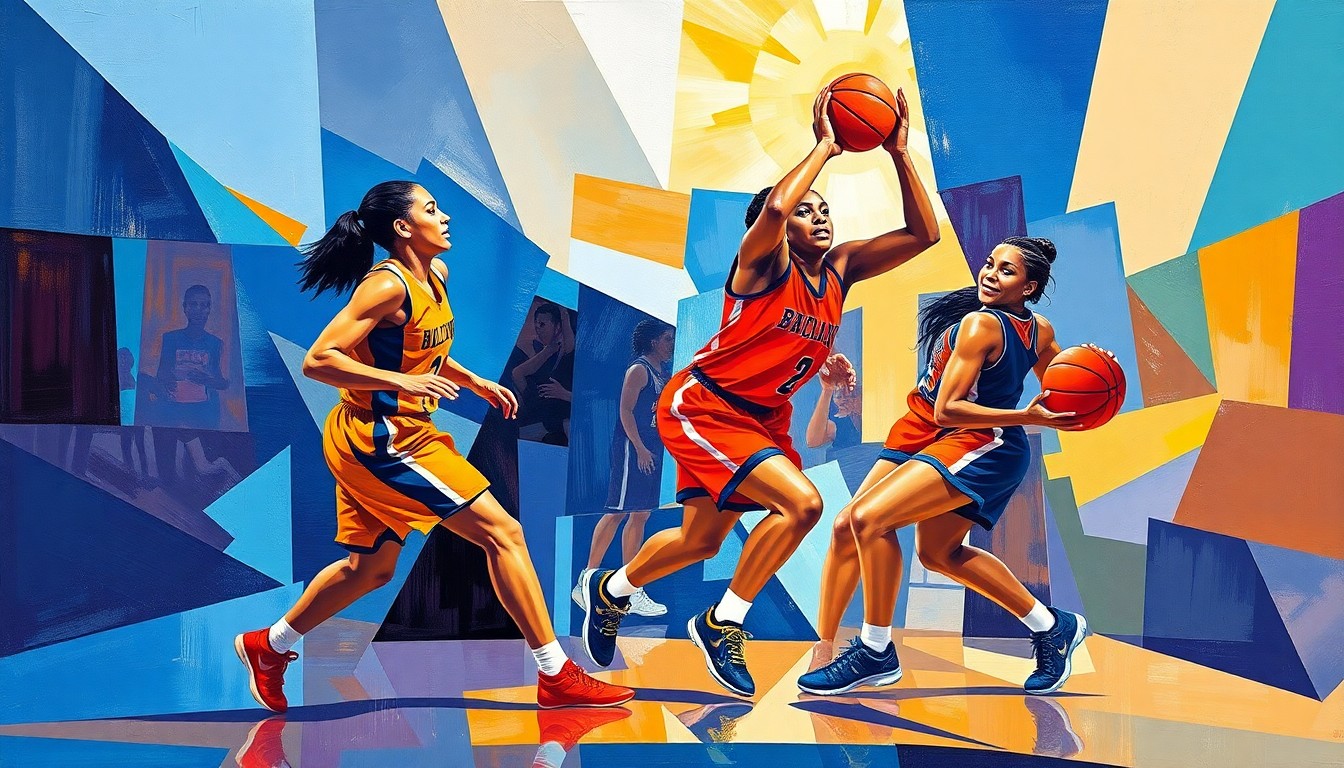 A cubist, geometric painting depicting the dynamic movements and energy of a women's basketball game, with the players' forms abstracted into angular, overlapping shapes in a vibrant color palette.