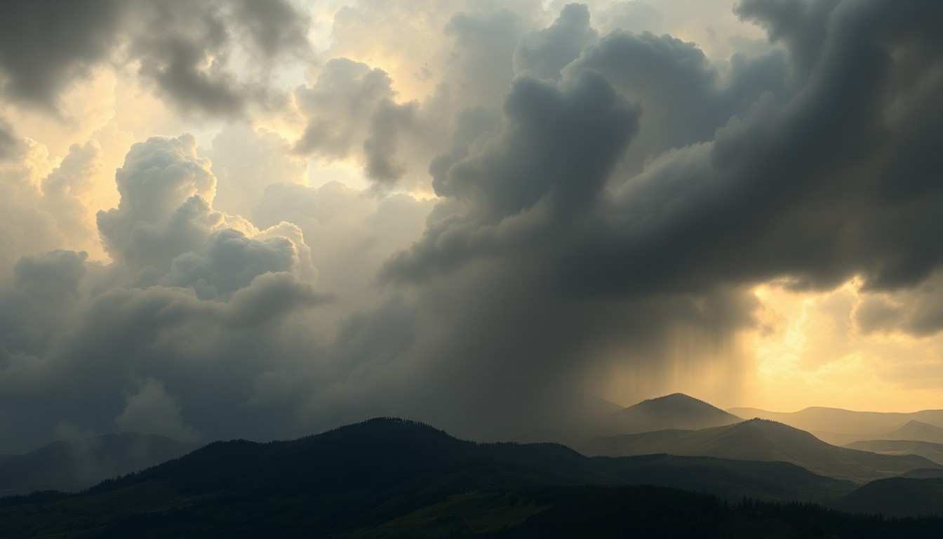 A sweeping, atmospheric landscape painting depicting a vast, stormy sky filled with dark, billowing clouds and heavy rain, dwarfing any small structures or objects in the foreground.