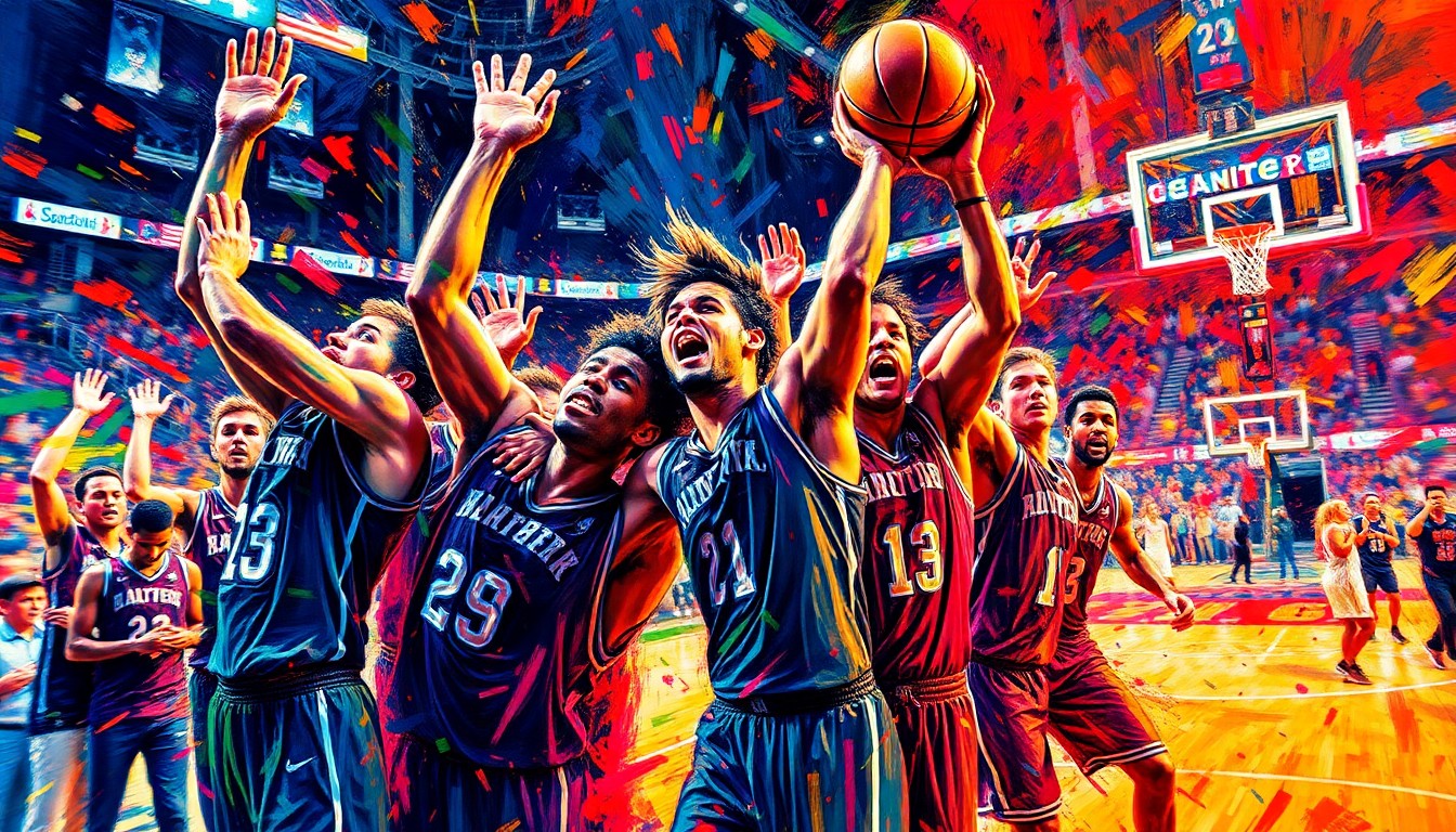 An abstract expressionist painting in vibrant neon colors, with rapid brushstrokes capturing the raw energy and celebration of a high school basketball state championship victory.
