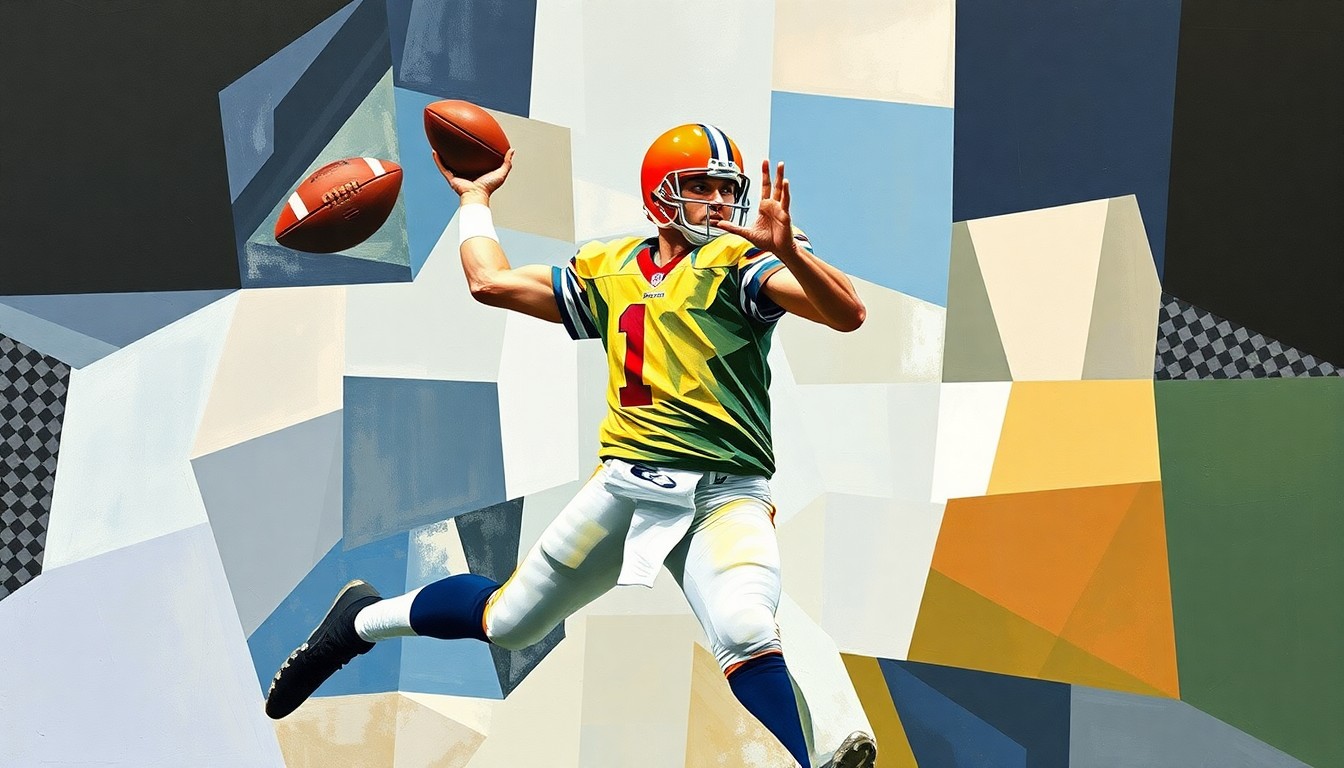 A cubist-style painting depicting a quarterback's throwing motion broken down into fragmented, overlapping geometric shapes and planes, conveying the unpredictable nature of the NFL draft.