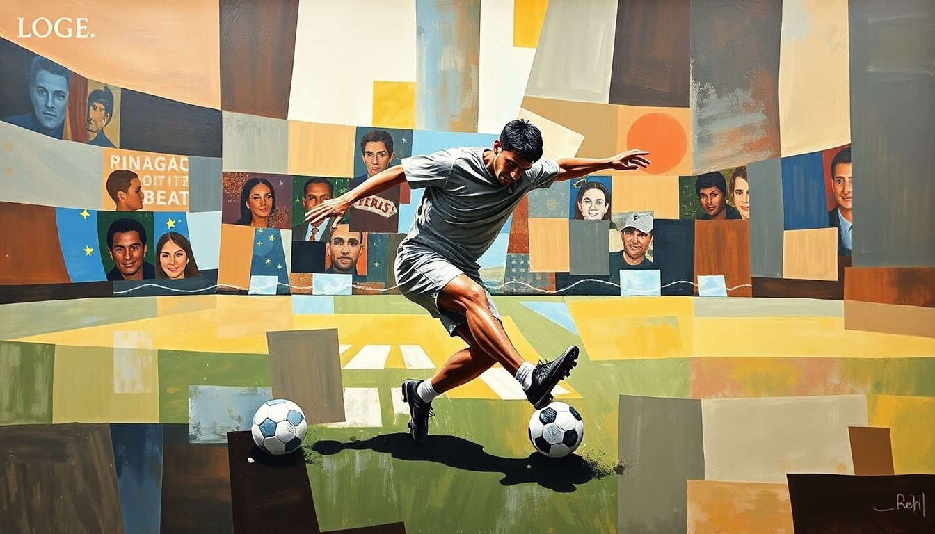 A cubist-style painting depicting a football player kicking a ball, with the figure and ball broken down into sharp, overlapping geometric shapes and planes in a range of blues, greens, and browns.