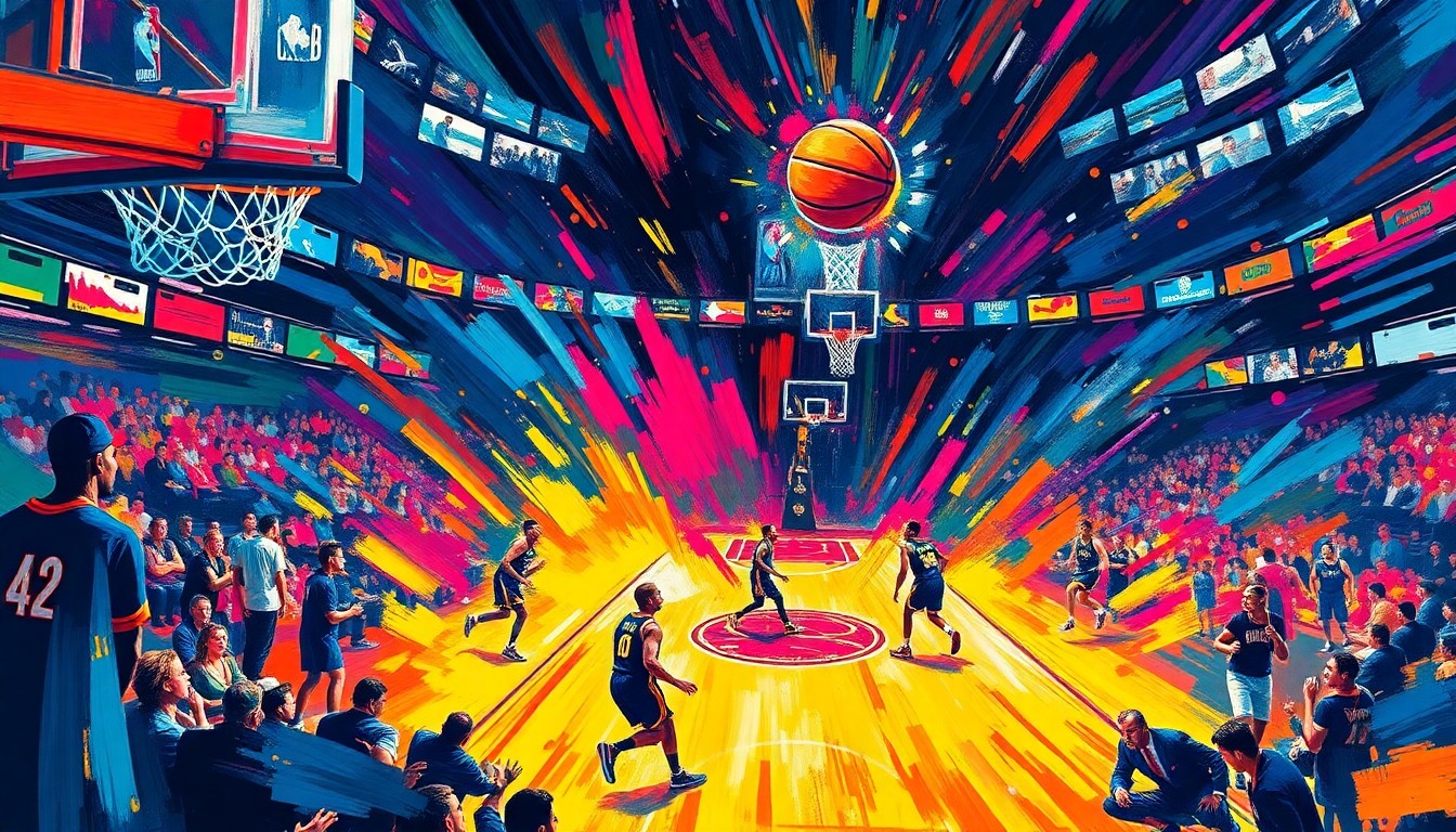 An abstract, expressionist painting in vibrant neon colors, capturing the dynamic movement and intensity of a professional basketball game.