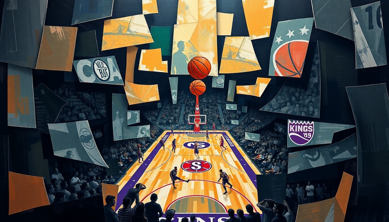 A vibrant, cubist-style painting depicting a fragmented, multi-angled view of a basketball game, with players and the court broken down into sharp, overlapping geometric shapes and planes in a range of colors.