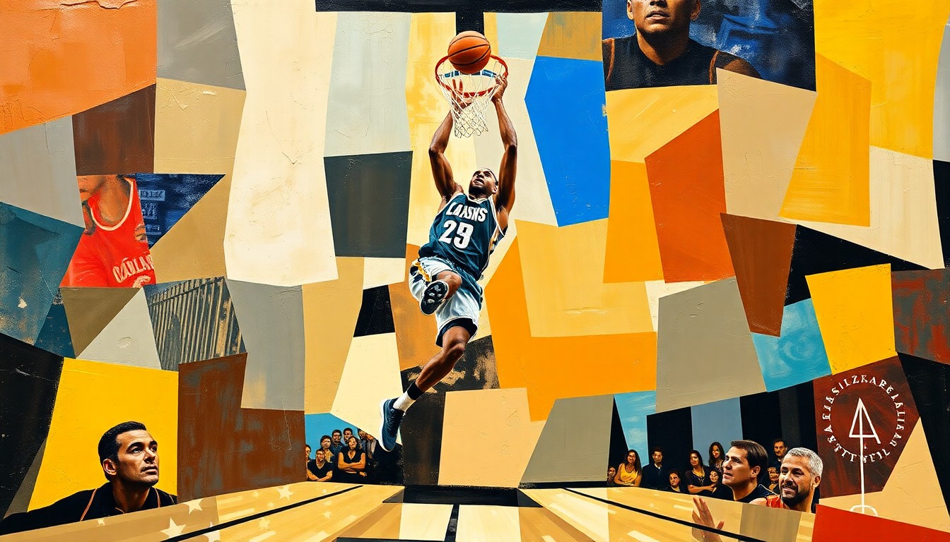 A cubist-style painting depicting a basketball player mid-dunk, with the scene broken down into sharp, overlapping geometric shapes and planes in vibrant colors.