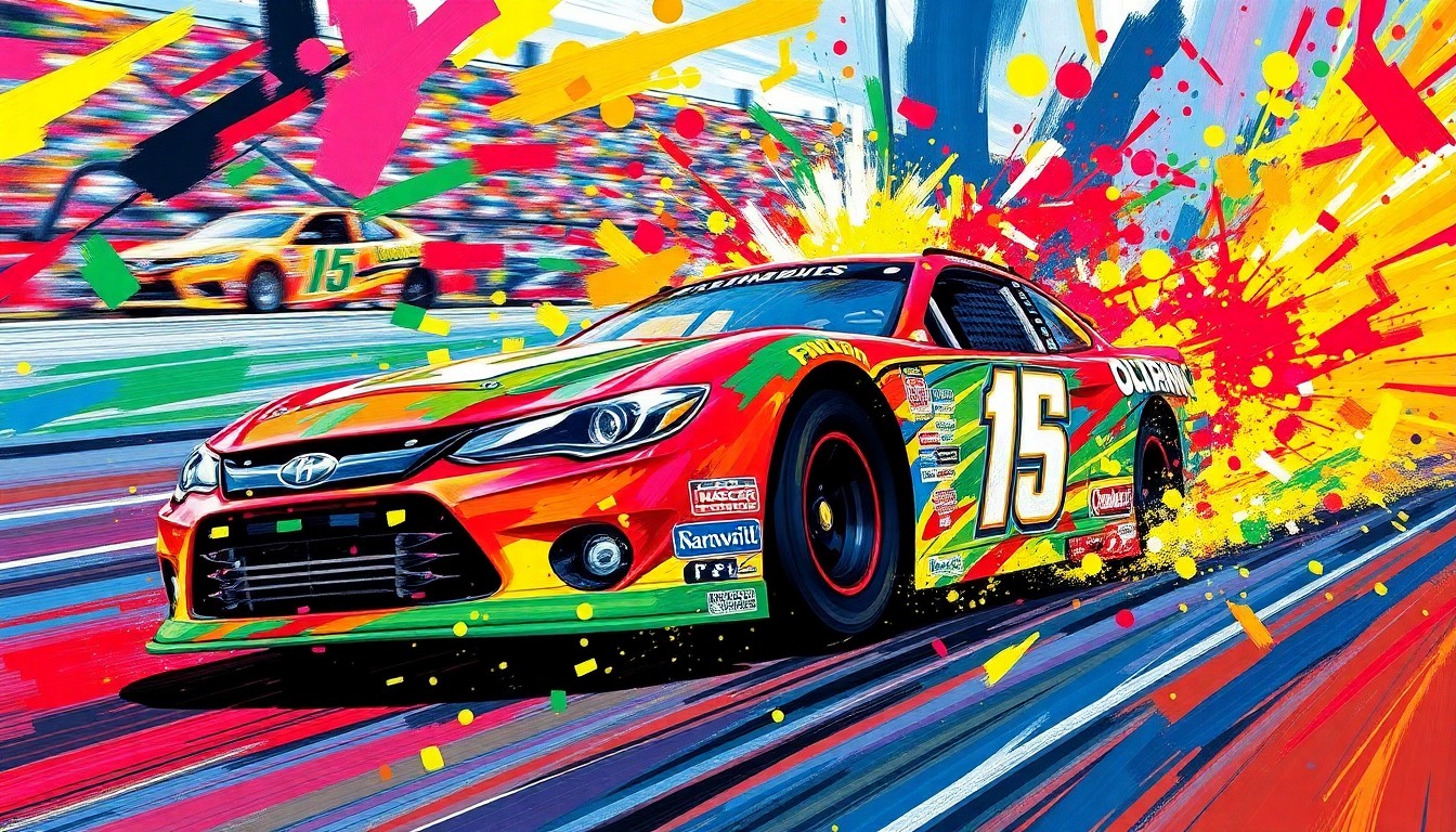 An extreme close-up of a NASCAR race car in motion, with the vehicle's form and details dissolving into a vibrant, expressionist painting of neon colors and rapid brushstrokes, capturing the raw energy and movement of the sport.