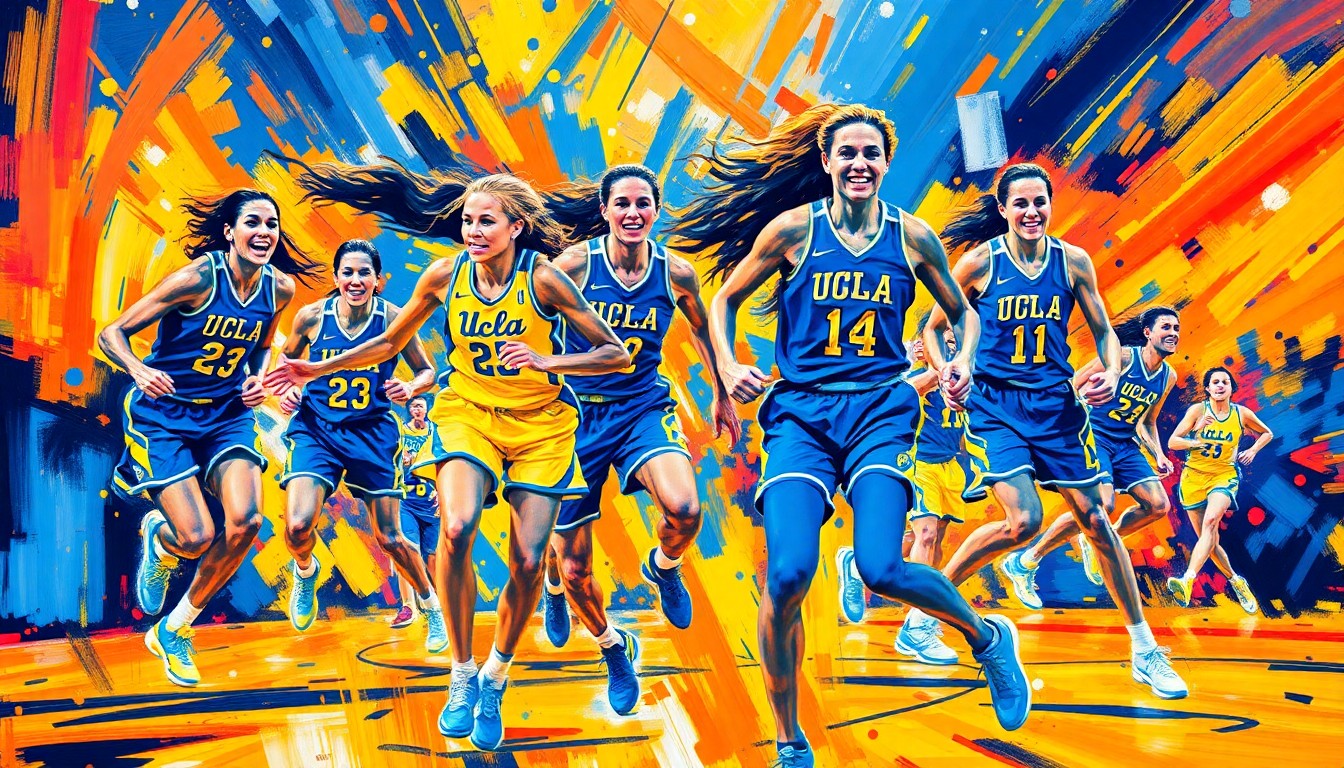 An abstract, expressionist painting featuring dynamic, colorful brushstrokes and abstracted figures in motion, capturing the energy and emotion of the UCLA women's basketball team's victory over Duke.