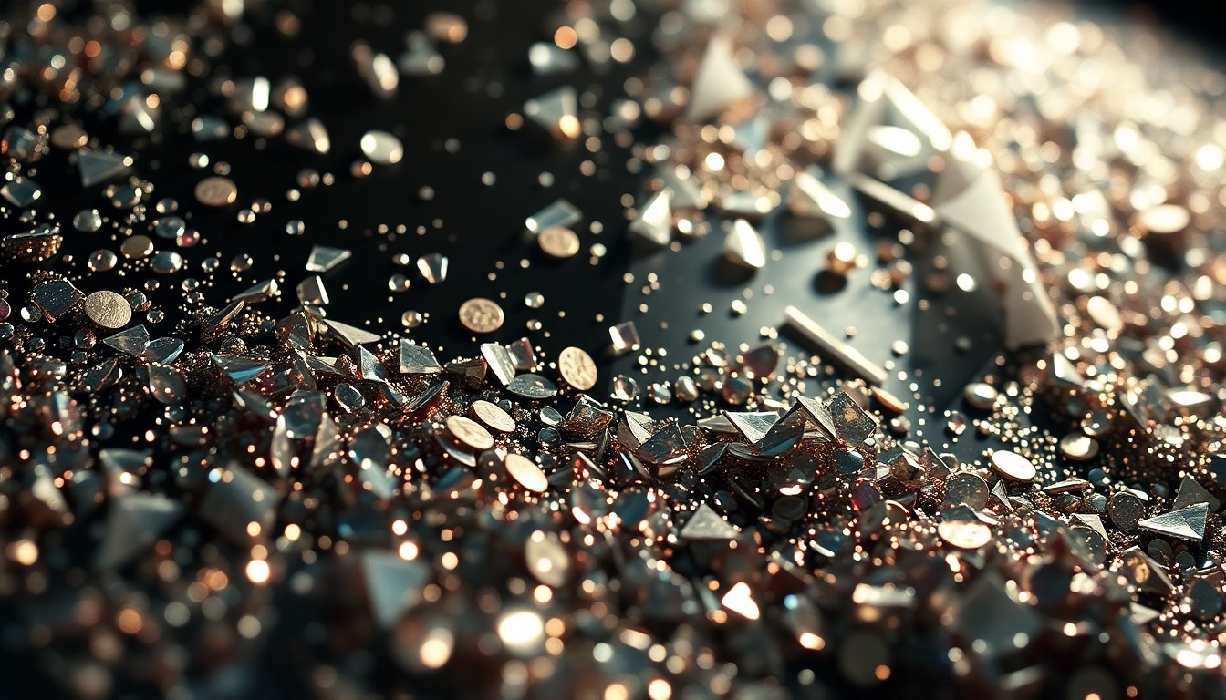 An extreme close-up photograph of shimmering sequins and shattered glass fragments, bathed in dramatic studio lighting to create a high-contrast, glamorous aesthetic without depicting any specific people or objects.
