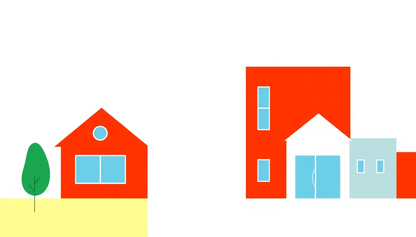 A vibrant abstract composition of overlapping triangles and rectangles in shades of blue, red, and yellow, conceptually representing the stabilization of rental prices in Los Angeles.
