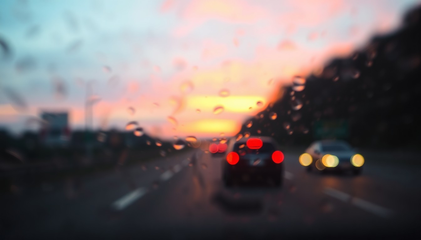 An extremely abstract, out-of-focus photograph depicting a blurred, dreamlike scene of a car on a highway at dawn, with soft pools of warm amber and rose light.