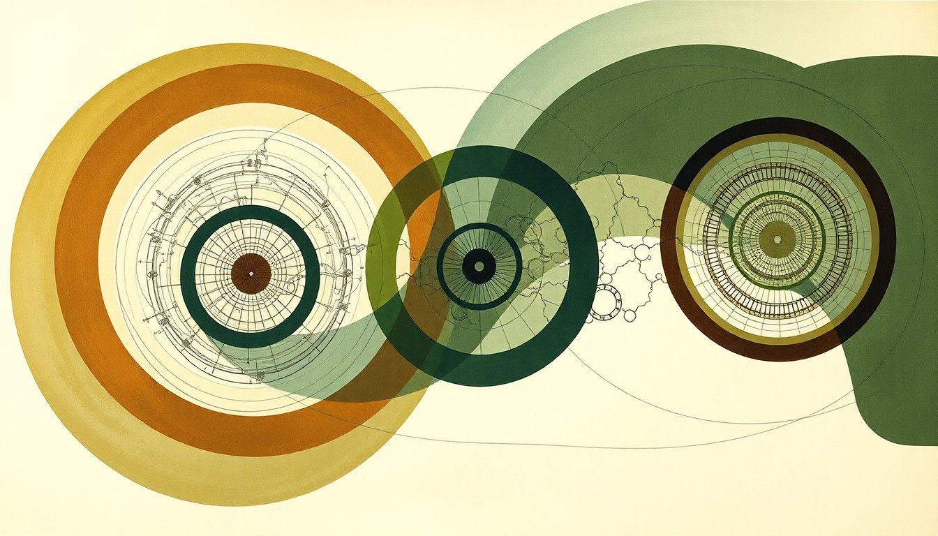 A bold, abstract painting in earthy tones of green, brown, and blue, featuring sweeping geometric shapes and precise botanical spirals that conceptually represent the complex structure and interactions of G-Protein Coupled Receptors.