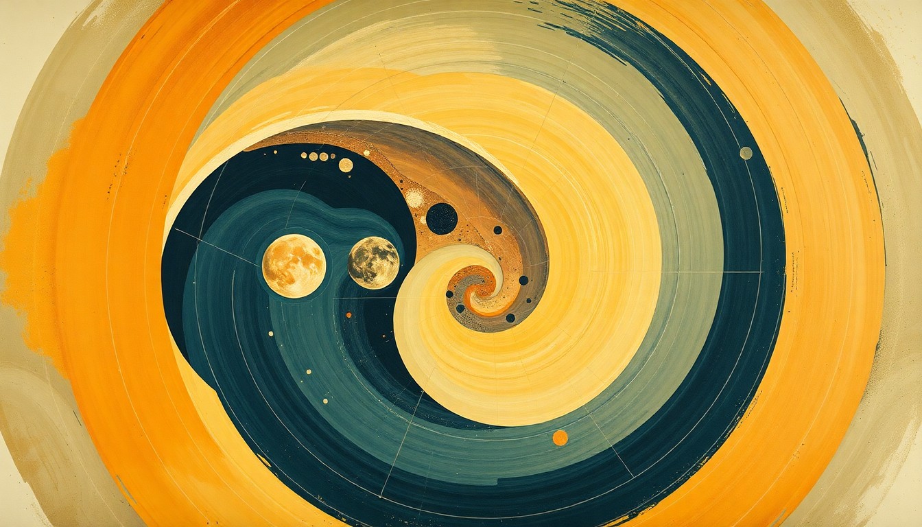 A bold, abstract painting featuring sweeping geometric arcs, concentric circles, and precise spirals in earthy tones, conceptually representing the complex forces and concepts of space travel and lunar exploration.