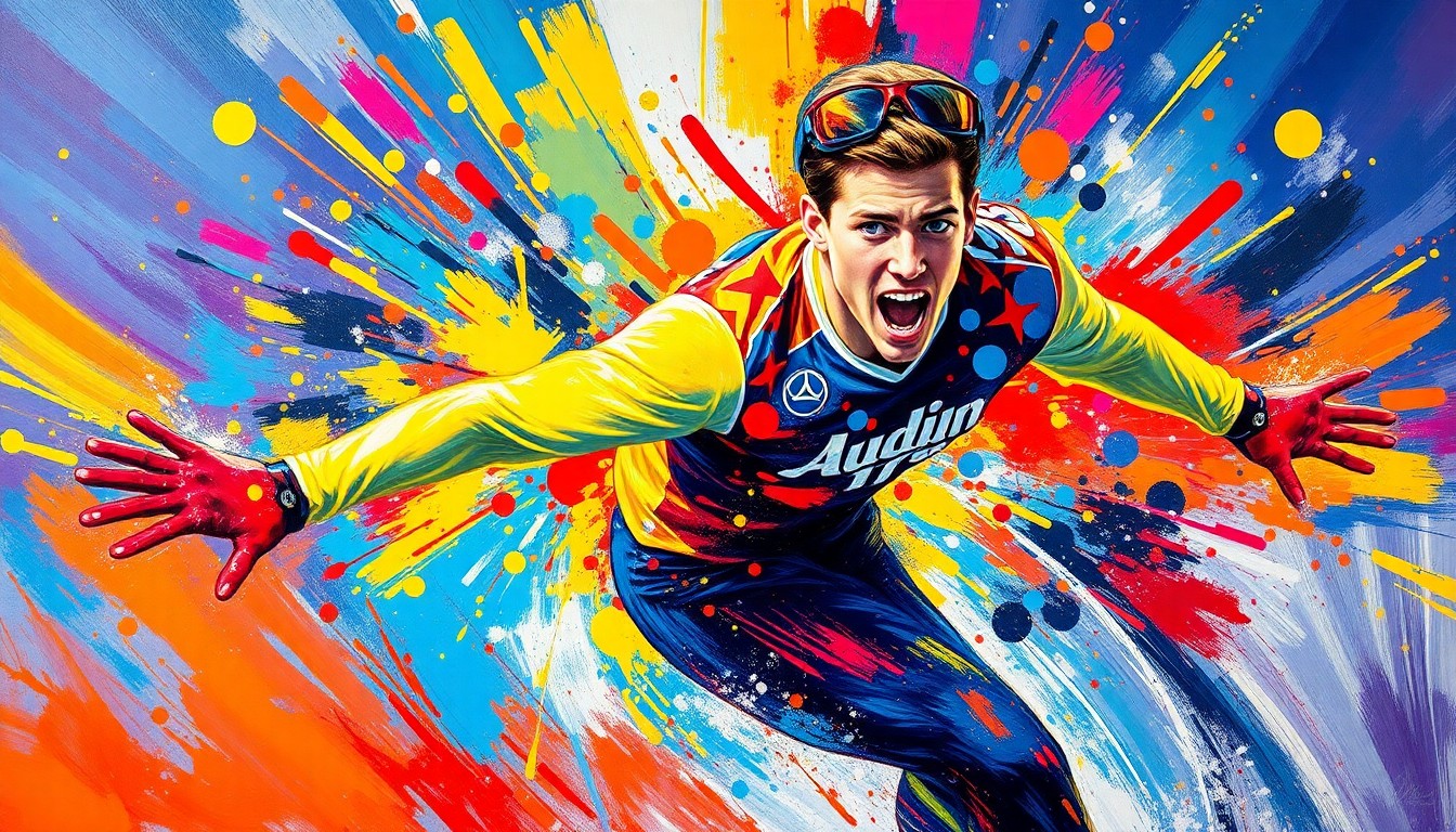 An abstract, expressionist painting using bold, neon-colored brushstrokes to depict the dynamic movements and energy of a figure skater performing a jump or spin, with the skater's face and details obscured into an unrecognizable blur.