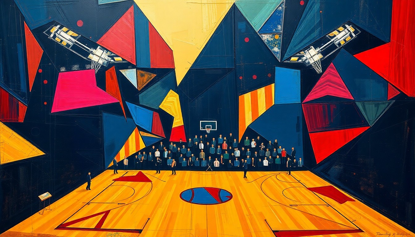 A cubist, geometric painting depicting an abstract NBA draft lottery scene, with overlapping shapes and planes in navy, crimson, and gold colors conveying the high-stakes, competitive nature of the event.