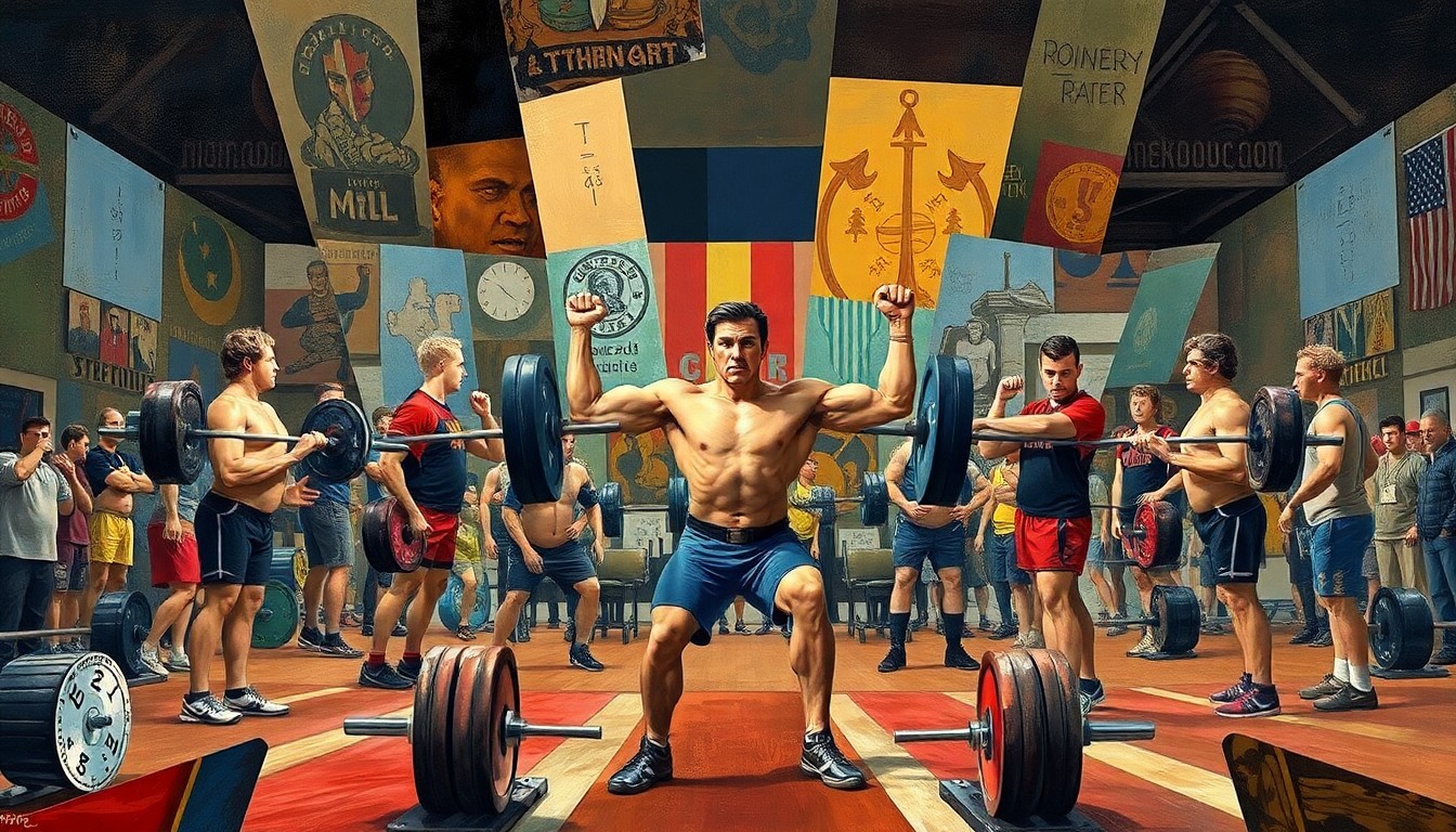 A fragmented, geometric painting depicting the explosive movements and competitive intensity of a high school powerlifting event, with overlapping planes of muscular bodies, weights, and equipment.