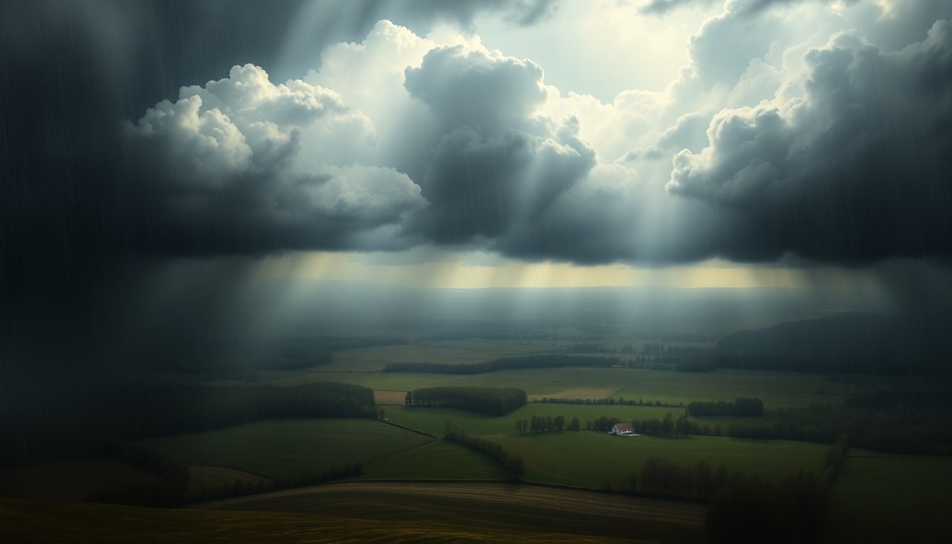 A sweeping, atmospheric landscape painting in muted tones of gray, blue, and green, depicting a rural Ohio countryside shrouded in a dramatic, rain-soaked storm. The scene conveys a sense of the overwhelming, sublime scale of the weather, with heavy rain and dark clouds dominating the frame and dwarfing any visible structures or landmarks.