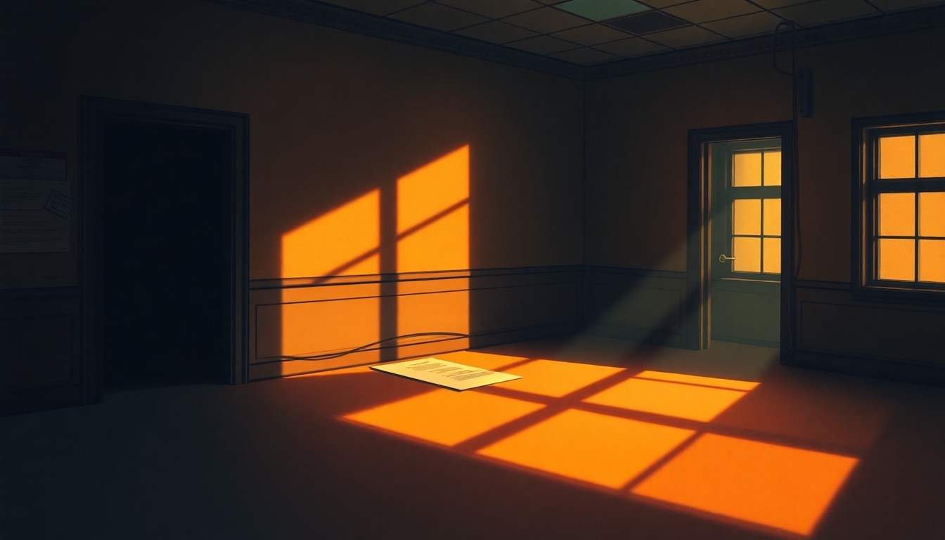 A serene, cinematic painting depicting a solitary legal document or government office space, bathed in warm, diagonal sunlight and deep shadows, conveying a sense of quiet contemplation and dedication to public service.