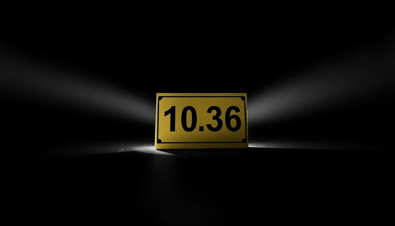 An extreme close-up photograph of a single police evidence marker, such as a numbered placard or chalk outline, lit by a harsh, direct camera flash against a pitch-black background, conceptually illustrating the investigative nature of a missing person case.