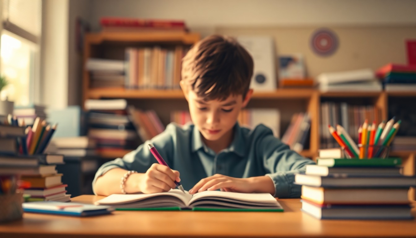 An abstract, impressionistic photograph of a student studying, with blurred books and school supplies in the background, conveying the thoughtful, focused energy of test preparation.