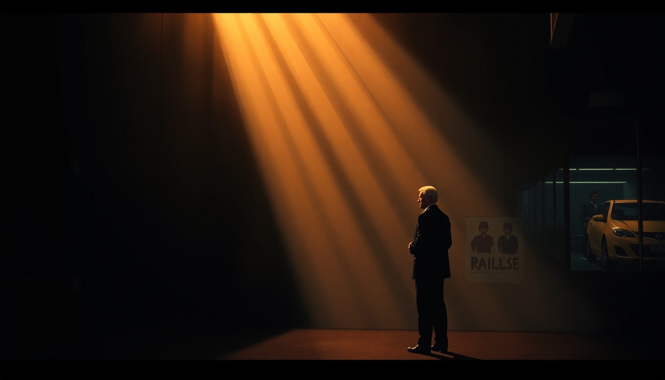 A cinematic painting of a solitary figure standing in a dimly lit urban setting, with warm sunlight casting long shadows across the scene, conceptually representing the political challenges facing the city of Compton.